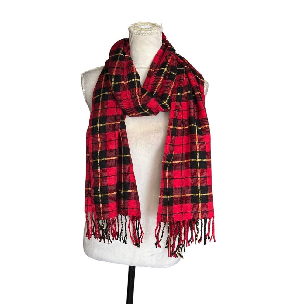 Punctuate Wool & Acrylic Red Plaid Scarf With Fringe Neck Warmer Fall Winter 82"